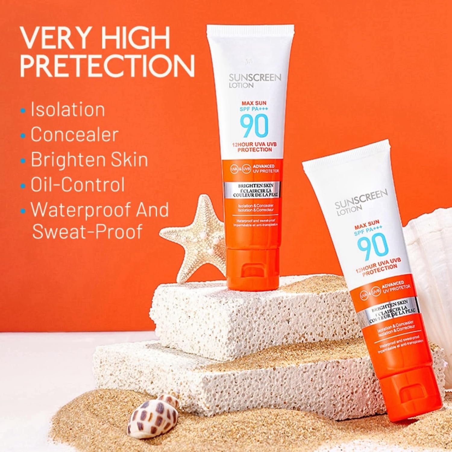 2PCS Sun Cream SPF 90,Face Sunscreen,Face Sun Lotion Cream,Facial Sunscreen for Women,Suncream for High Sun Protection SPF 90 Face Moisturiser,Long-Lasting Waterproof Suncream,Sunscreen for Daily Use