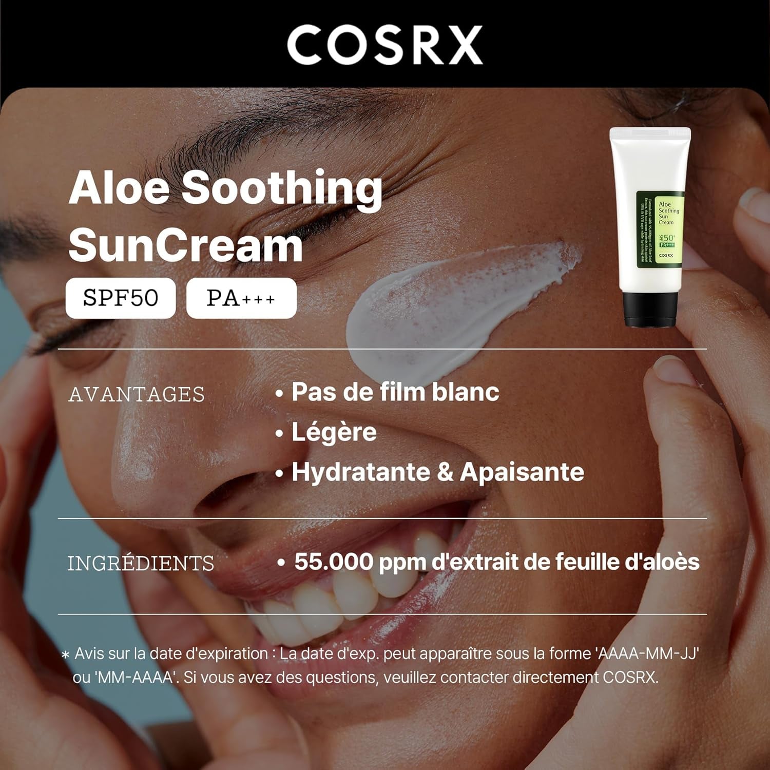 Aloe Soothing Sun Cream SPF 50+++, Daily Hydrating Sunscreen for Dry Sensitive Skin, UVA&UVB Protection, No White Marks, Sun Moisturiser, Korean Sunscreen, Korean Skincare