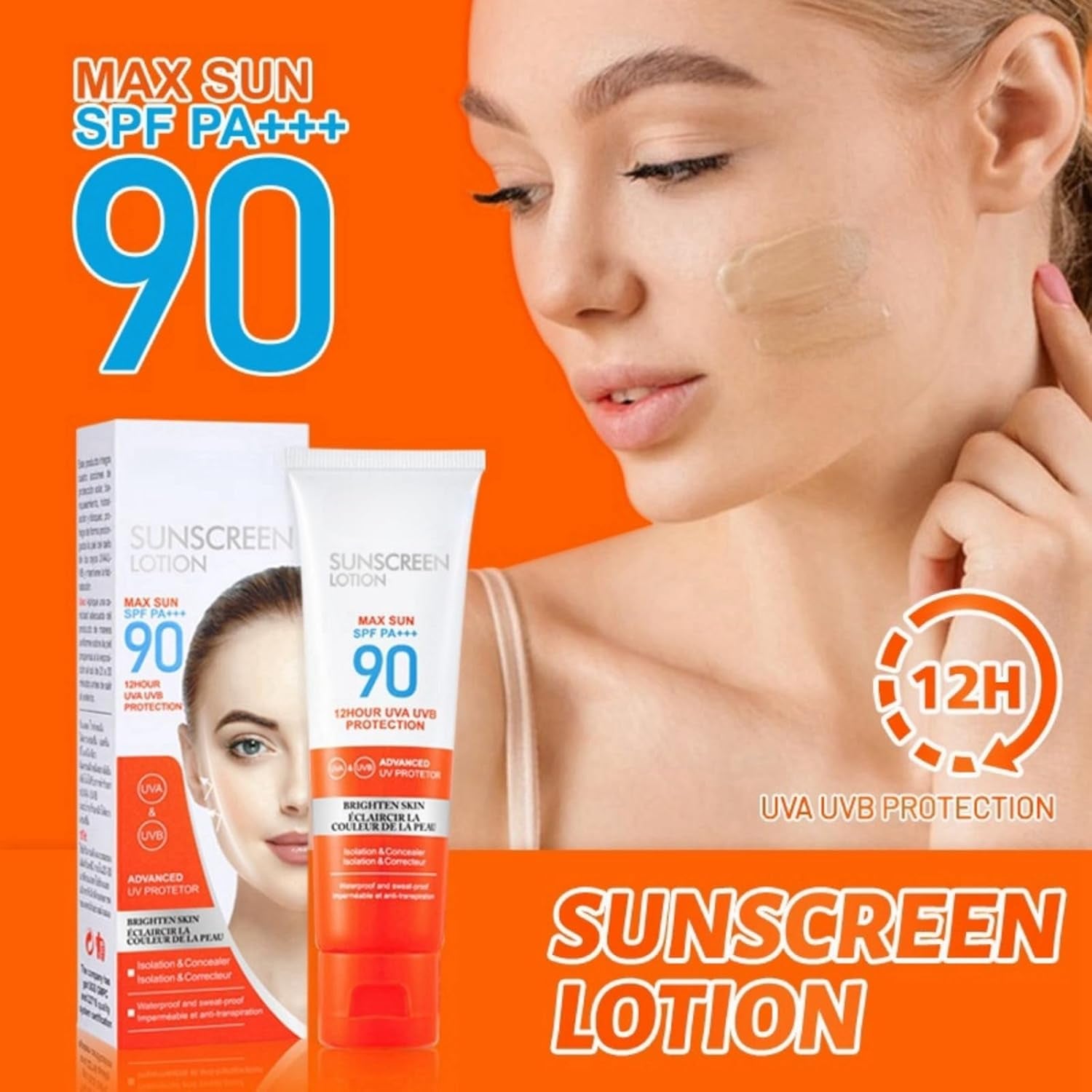 2PCS Sun Cream SPF 90,Face Sunscreen,Face Sun Lotion Cream,Facial Sunscreen for Women,Suncream for High Sun Protection SPF 90 Face Moisturiser,Long-Lasting Waterproof Suncream,Sunscreen for Daily Use